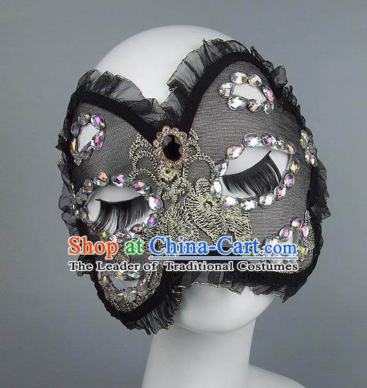 Top Grade Handmade Exaggerate Fancy Ball Model Show Black Veil Mask, Halloween Ceremonial Occasions Face Mask