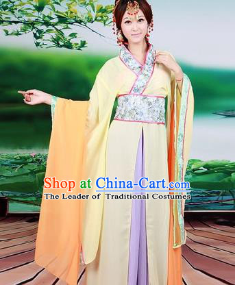 Asian China Ancient Han Dynasty Palace Lady Costume, Traditional Chinese Princess Hanfu Embroidered Yellow Dress Clothing for Women