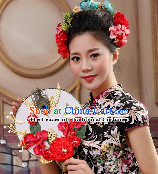 Traditional Handmade Chinese Ancient Wedding Red Peony Feather Round Fans, Hanfu Palace Lady Bride Mandarin Fans for Women