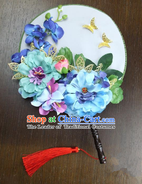 Traditional Handmade Chinese Ancient Wedding Blue Peony Round Fans, Hanfu Palace Lady Bride Butterfly Mandarin Fans for Women
