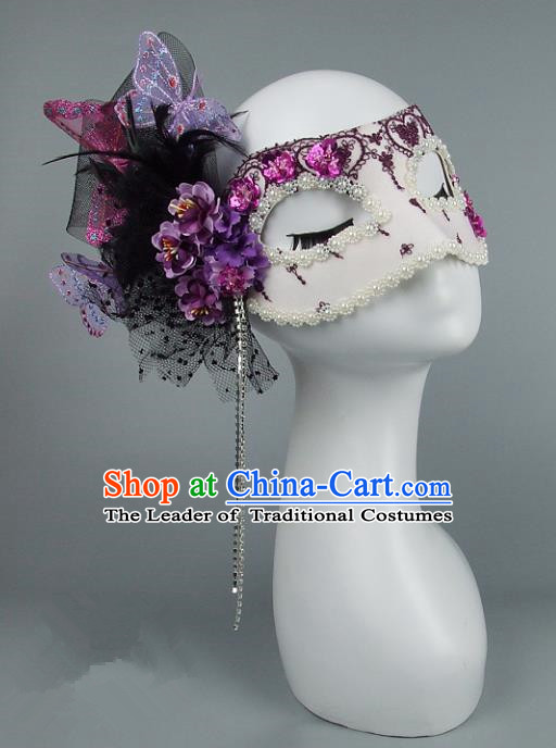 Top Grade Handmade Exaggerate Fancy Ball Accessories Purple Veil Mask, Halloween Model Show Ceremonial Occasions Face Mask