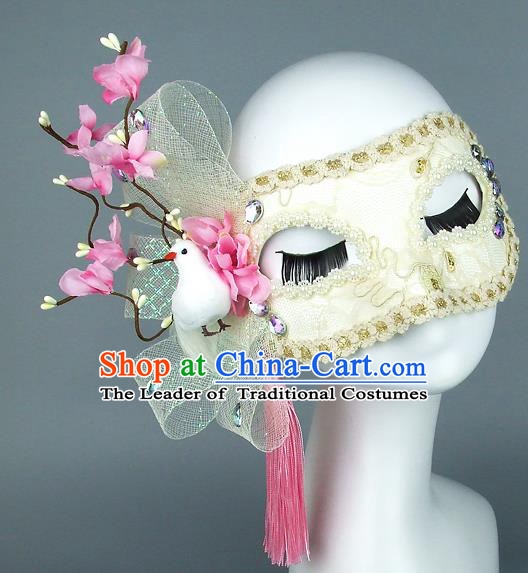 Top Grade Handmade Exaggerate Fancy Ball Accessories Pink Flowers Pigeon Tassel Mask, Halloween Model Show Ceremonial Occasions Face Mask
