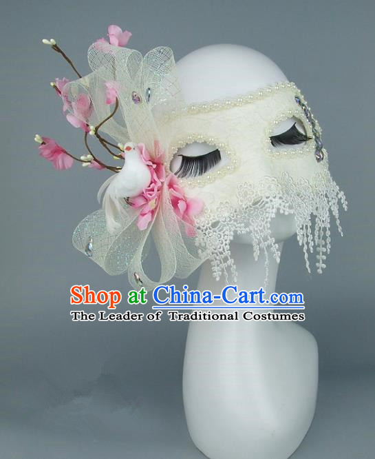 Top Grade Handmade Exaggerate Fancy Ball Accessories Pink Flowers Lace Mask, Halloween Model Show Ceremonial Occasions Face Mask