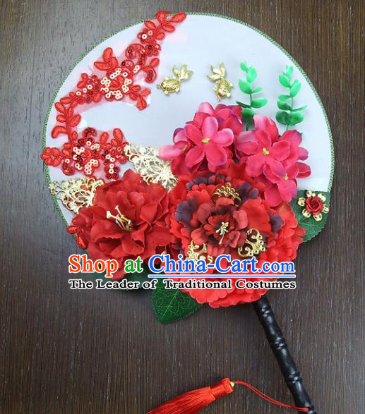 Traditional Handmade Chinese Ancient Wedding Red Peony Round Fans, Hanfu Palace Lady Bride Xiuhe Suit Mandarin Fans for Women