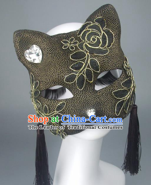Handmade Halloween Fancy Ball Accessories Cat Black Tassel Mask, Ceremonial Occasions Miami Face Mask