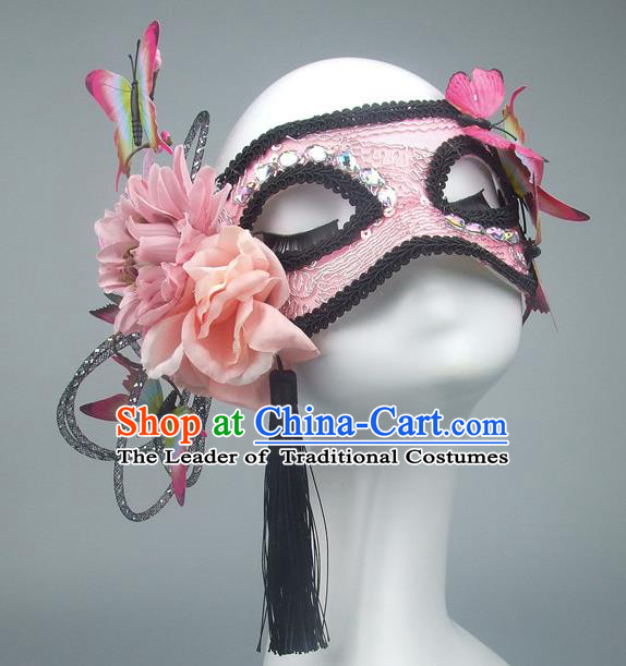 Handmade Halloween Fancy Ball Accessories Pink Lace Mask, Ceremonial Occasions Miami Model Show Butterfly Face Mask