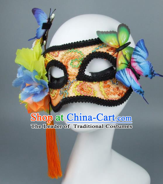 Handmade Halloween Fancy Ball Accessories Orange Mask, Ceremonial Occasions Miami Model Show Lace Face Mask