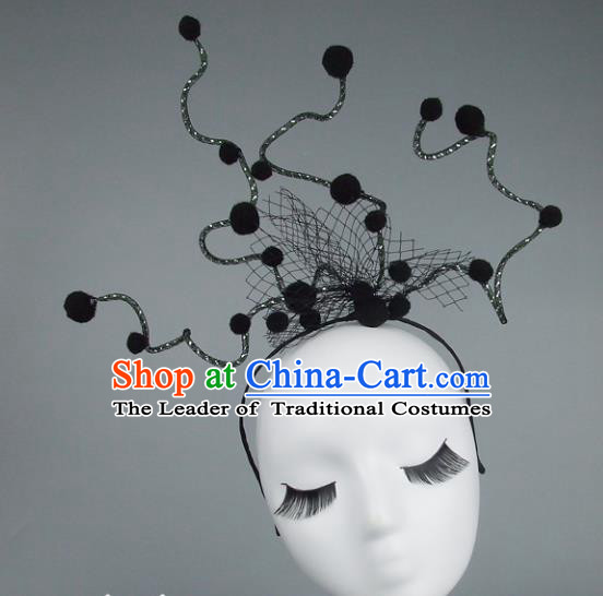 Handmade Halloween Fancy Ball Hair Accessories Black Headwear, Ceremonial Occasions Miami Model Show Headdress