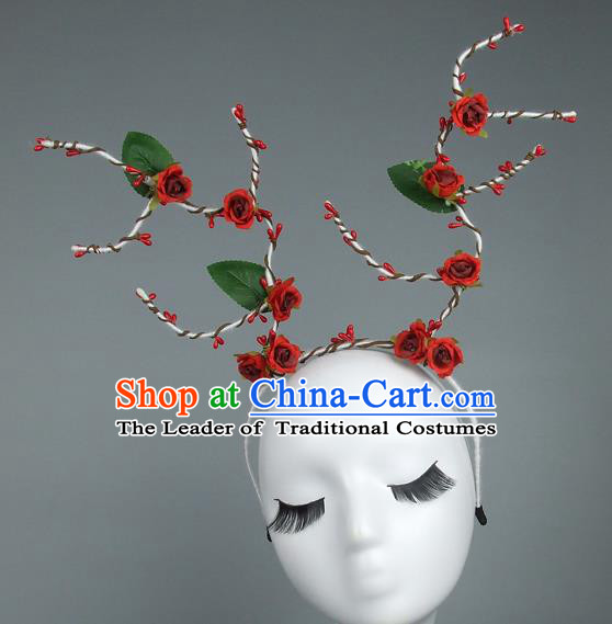 Handmade Halloween Fancy Ball Hair Accessories Red Flowers Headwear, Ceremonial Occasions Miami Model Show Headdress
