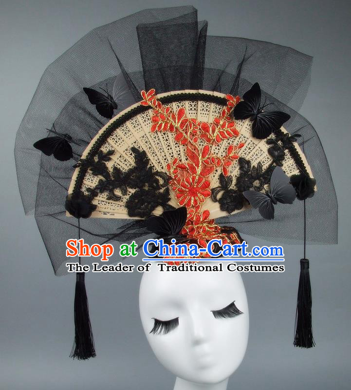 Handmade Asian Chinese Fan Hair Accessories Red Lace Flowers Butterfly Headwear, Halloween Ceremonial Occasions Miami Model Show Tassel Headdress
