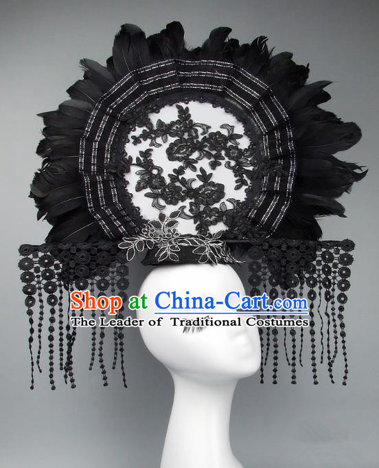 Handmade Asian Chinese Fan Hair Accessories Black Feather Lace Tassel Headwear, Halloween Ceremonial Occasions Manchu Model Show Headdress