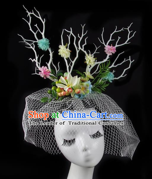 Handmade Exaggerate Fancy Ball Hair Accessories Flowers Branch Headwear, Halloween Ceremonial Occasions Model Show Headdress