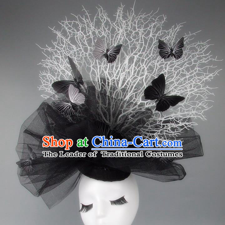 Handmade Exaggerate Fancy Ball Hair Accessories Black Veil Butterfly Headwear, Halloween Ceremonial Occasions Model Show Headdress