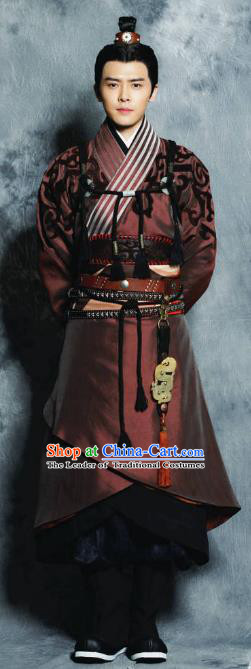 Traditional Chinese Ancient Tang Dynasties Swordsman Prince Embroidered Costume and Handmade Headpiece Complete Set