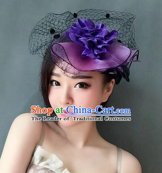 Handmade Vintage Hair Accessories Veil Purple Flower Top Hat Headwear, Bride Ceremonial Occasions Model Show Headdress