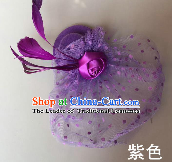 Handmade Baroque Hair Accessories Purple Feather Headwear, Bride Ceremonial Occasions Vintage Veil Top Hat for Kids