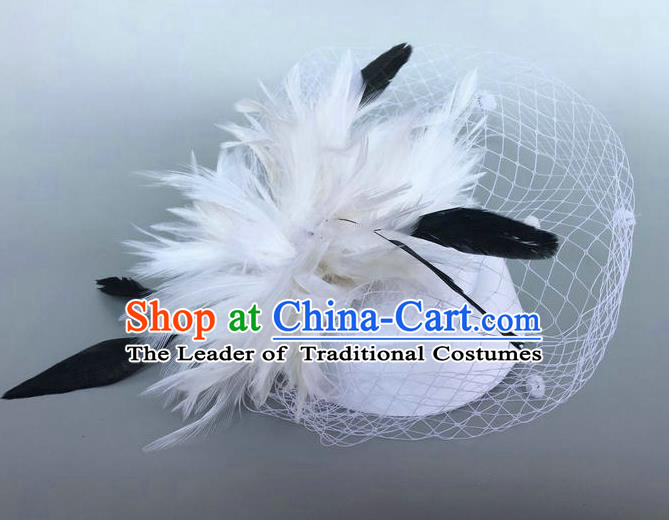 Handmade Baroque Wedding Hair Accessories White Feather Flowers Headwear, Bride Ceremonial Occasions Vintage Top Hat for Women
