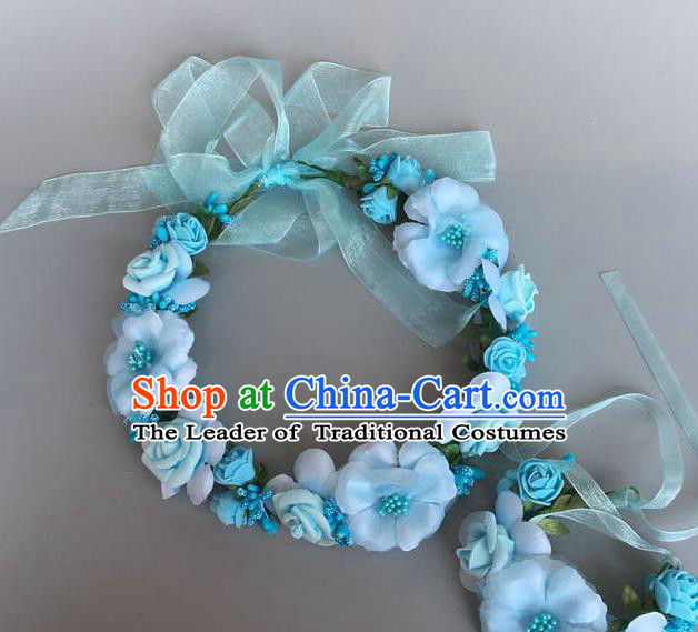 Handmade Baroque Wedding Hair Accessories Blue Flowers Garland Headwear, Bride Ceremonial Occasions Vintage Hair Clasp for Women