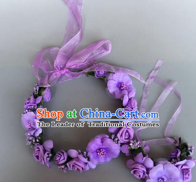 Handmade Baroque Wedding Hair Accessories Purple Flowers Garland Headwear, Bride Ceremonial Occasions Vintage Hair Clasp for Women