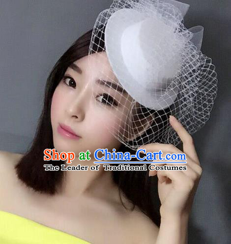 Handmade Baroque Hair Accessories Model Show White Top Hat, Bride Ceremonial Occasions Headwear for Women