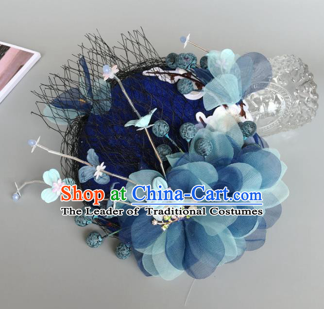 Handmade Baroque Wedding Hair Accessories Blue Flowers Headwear, Bride Ceremonial Occasions Vintage Top Hat for Women