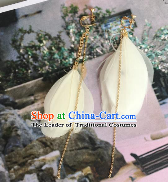 Handmade Wedding Accessories Beige Feather Earrings, Bride Ceremonial Occasions Tassel Eardrop for Women