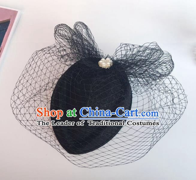 Handmade Baroque Hair Accessories Black Lace Headwear, Bride Ceremonial Occasions Veil Hat for Women