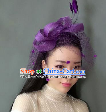 Handmade Baroque Hair Accessories Purple Feather Headwear, Bride Ceremonial Occasions Veil Hat for Women