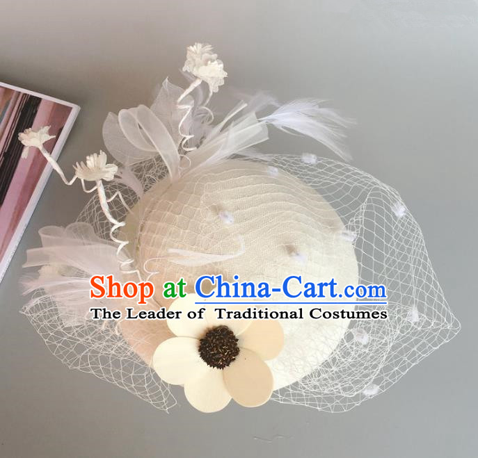 Handmade Baroque Hair Accessories Flowers White Top Hats, Bride Ceremonial Occasions Headwear for Women