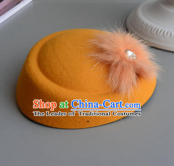 Top Grade Handmade Wedding Hair Accessories Bride Headwear, Baroque Style Yellow Crystal Top Hat for Women