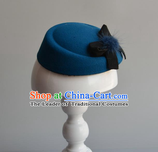 Top Grade Handmade Wedding Hair Accessories Bride Headwear, Baroque Style Blue Bowknot Top Hat for Women