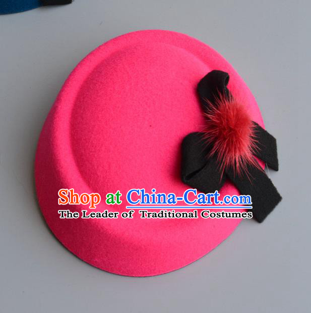 Top Grade Handmade Wedding Hair Accessories Bride Headwear, Baroque Style Rosy Bowknot Top Hat for Women