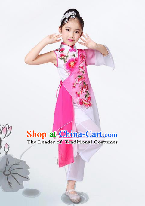 Traditional Chinese Classical Yangge Fan Dance Costume, Children Folk Dance Uniform Yangko Pink Clothing for Kids