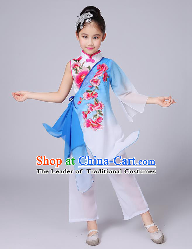 Traditional Chinese Classical Yangge Fan Dance Costume, Children Folk Dance Uniform Yangko Blue Embroidery Clothing for Kids