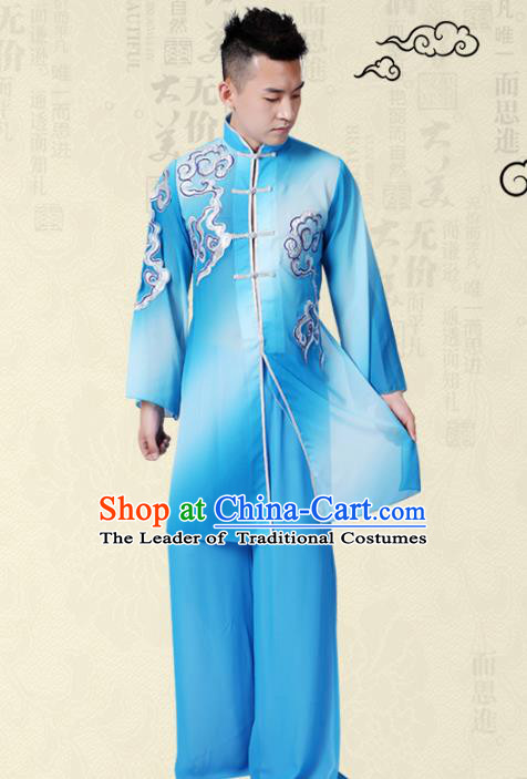 Traditional Chinese Classical Yangge Fan Dance Costume, Folk Dance Uniform Drum Dance Blue Clothing for Men