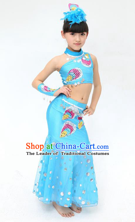 Traditional Chinese Dai Nationality Peacock Dance Blue Costume, Folk Dance Ethnic Pavane Clothing Minority Dance Dress for Kids