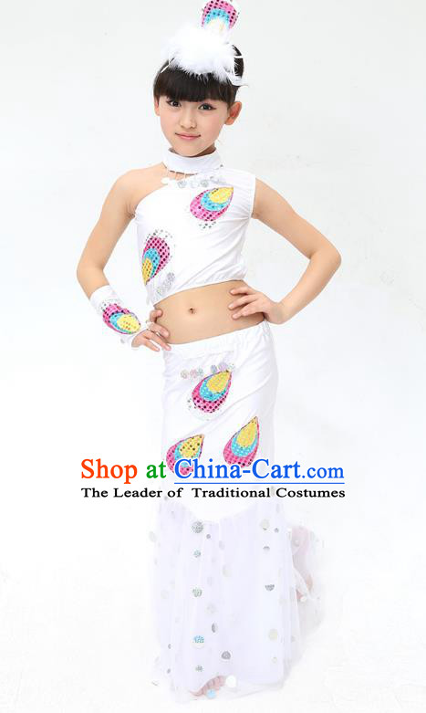 Traditional Chinese Dai Nationality Peacock Dance White Costume, Folk Dance Ethnic Pavane Clothing Minority Dance Dress for Kids