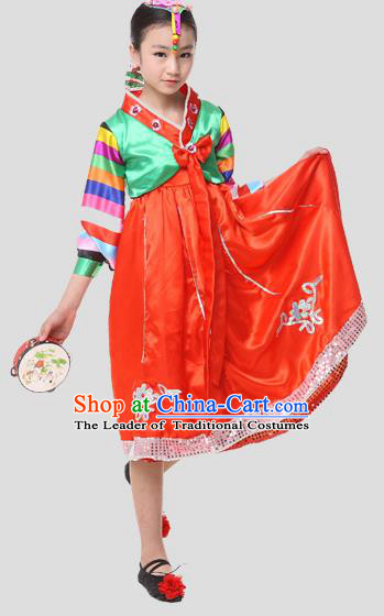 Traditional Chinese Korean Nationality Dance Costume, Children Folk Dance Ethnic Drum Dance Embroidery Red Dress Clothing for Kids