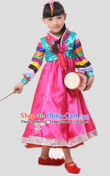 Traditional Chinese Korean Nationality Dance Costume, Children Folk Dance Ethnic Drum Dance Embroidery Pink Dress Clothing for Kids