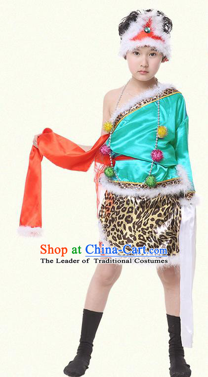 Traditional Chinese Zang Nationality Dance Costume, Children Tibetan Folk Dance Embroidery Green Clothing for Boys