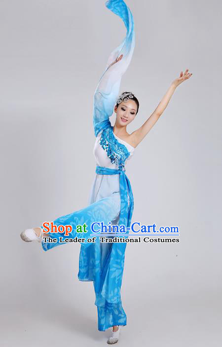 Traditional Chinese Yangge Dance Embroidered Blue Water Sleeve Costume, Folk Fan Dance Uniform Classical Umbrella Dance Clothing for Women
