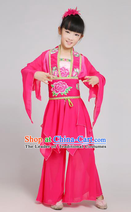 Traditional Chinese Yangge Dance Rosy Costume, Folk Drum Dance Uniform Classical Dance Embroidery Clothing for Kids