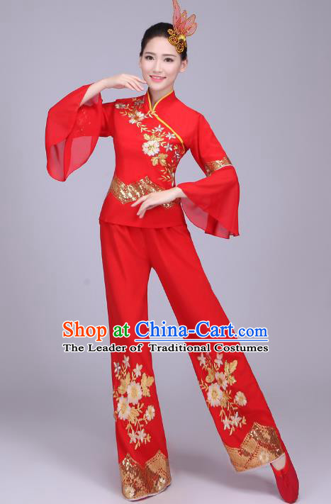 Traditional Chinese Yangge Dance Embroidered Costume, Folk Fan Dance Red Uniform Classical Dance Clothing for Women
