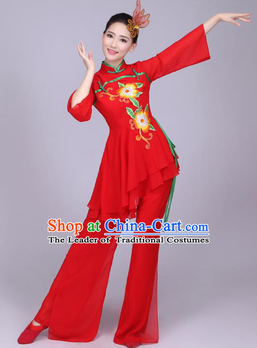 Traditional Chinese Yangge Dance Embroidered Peony Costume, Folk Fan Dance Red Uniform Classical Dance Clothing for Women