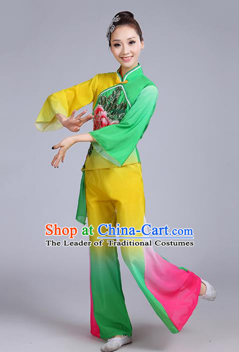 Traditional Chinese Classical Yanko Dance Embroidered Peony Green Costume, Folk Yangge Dance Uniform Drum Dance Clothing for Women