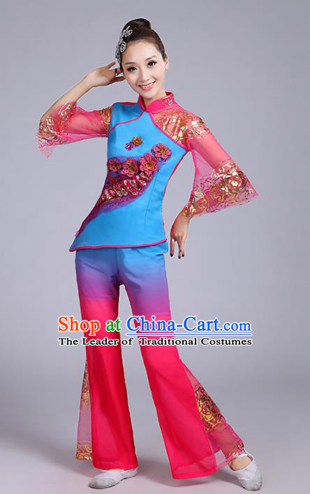 Traditional Chinese Classical Yanko Dance Embroidered Peacock Blue Costume, Folk Yangge Dance Uniform Drum Dance Clothing for Women