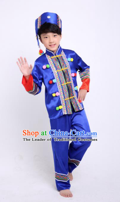 Traditional Chinese Miao Nationality Dance Costume, China Miao Minority Embroidery Blue Clothing for Kids