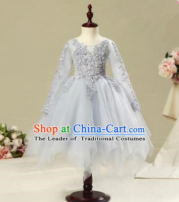 Children Modern Dance Flower Fairy Costume Grey Bubble Dress, Performance Model Show Clothing Princess Veil Dress for Girls