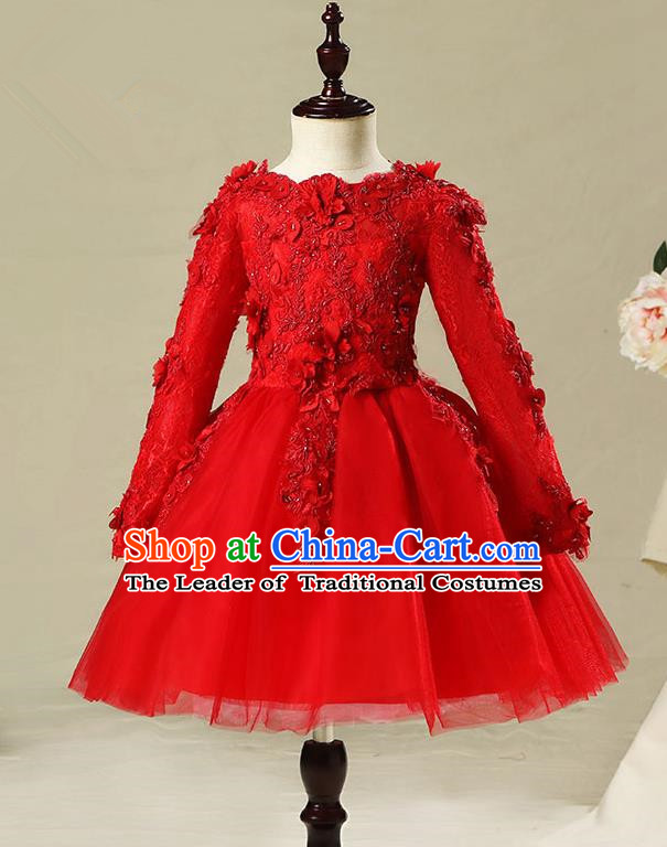 Children Modern Dance Flower Fairy Costume Red Bubble Dress, Performance Model Show Clothing Princess Veil Short Full Dress for Girls