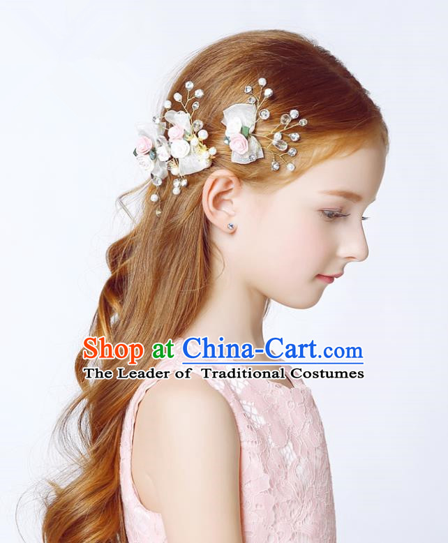 Handmade Children Hair Accessories Crystal Hair Stick, Princess Model Show Headwear White Bowknot Hair Clasp for Kids